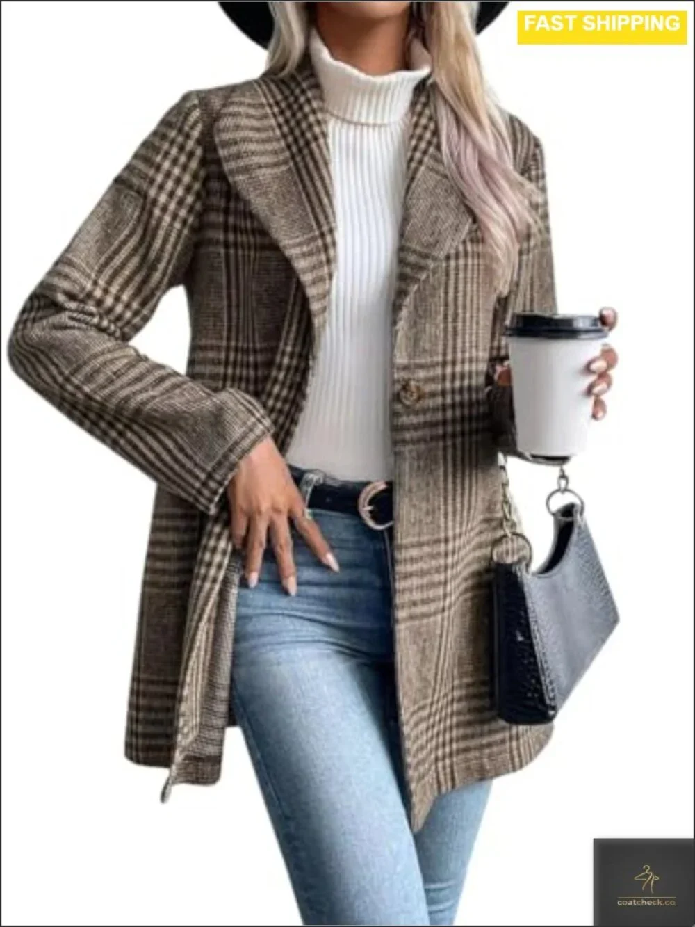 Wool Blend Plaid Blazer Shawl Collar One Button Business Casual